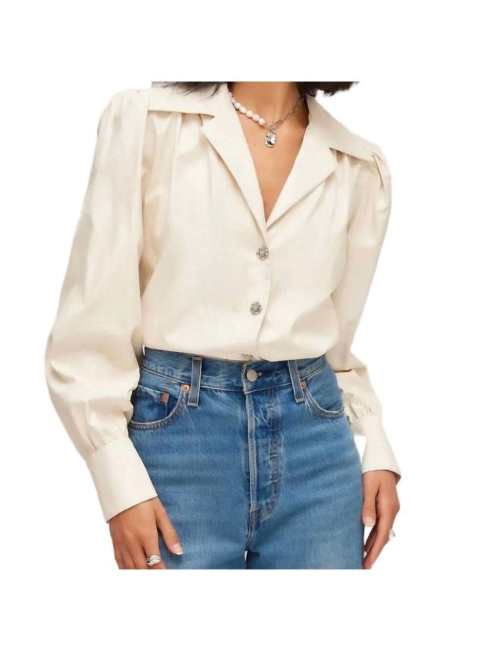 Fifteen Twenty cream Faux Leather top Rhinestone Buttons Blouson Sleeve Large